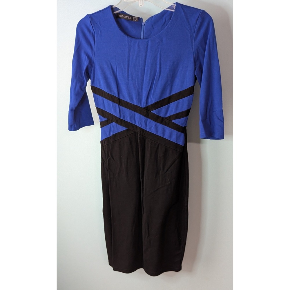 Homeyee Sheath Dress Women Small Blue Black Excellent Colorblock 3/4 Sleeve Midi